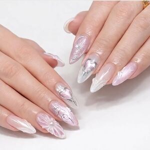NWT Press On Nails Almond Medium, Pink Shimmer Heart & Star Design